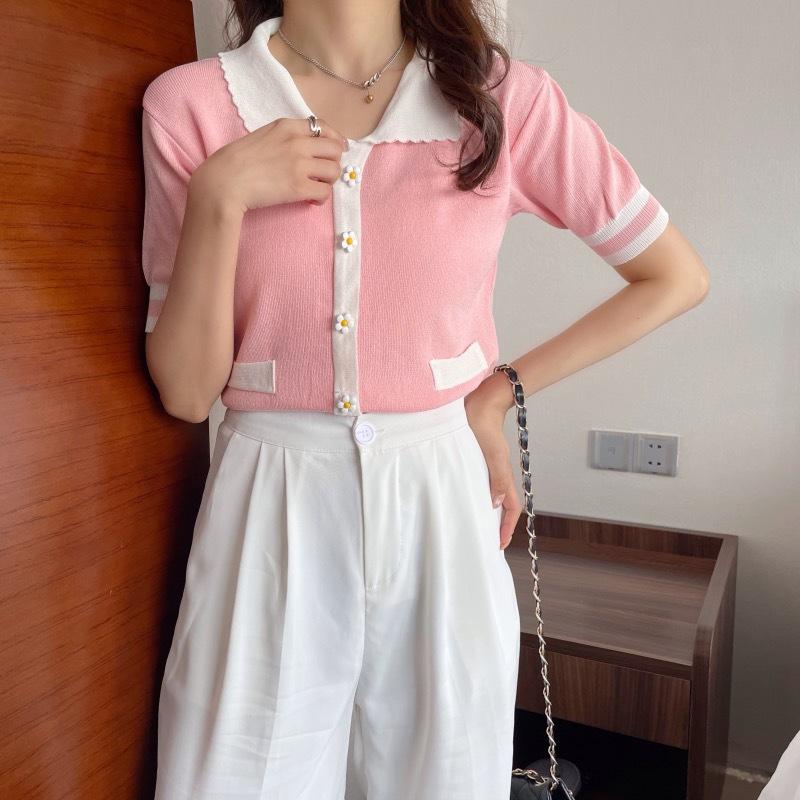 

Летний сливовый свитер с декоративными пуговицами, дизайн Sense Knit, футболка, новые топы с короткими рукавами, повседневные, базовые, комфортные и стильные, облегающие свитера, футболки One Size розовый