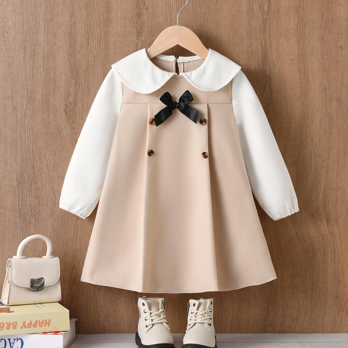 

22/5000 Girls Fashion Dress- Winter-Spring Children s Casual Bowknot Double-Sleeve Dress 9-10Y
