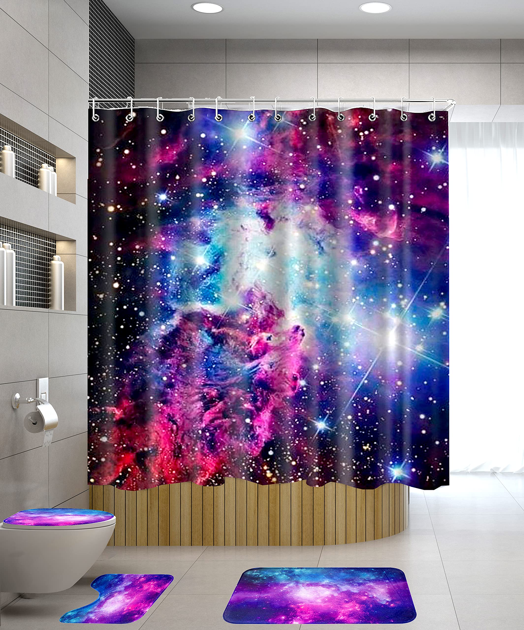 

Purple Galaxy Shower Curtain Set Non-Slip Rug Toilet Lid Cover Bath Mat Starry Space Shower Curtain Nebula Universe Bathroom Set W60H190(CM)-1 Pcs