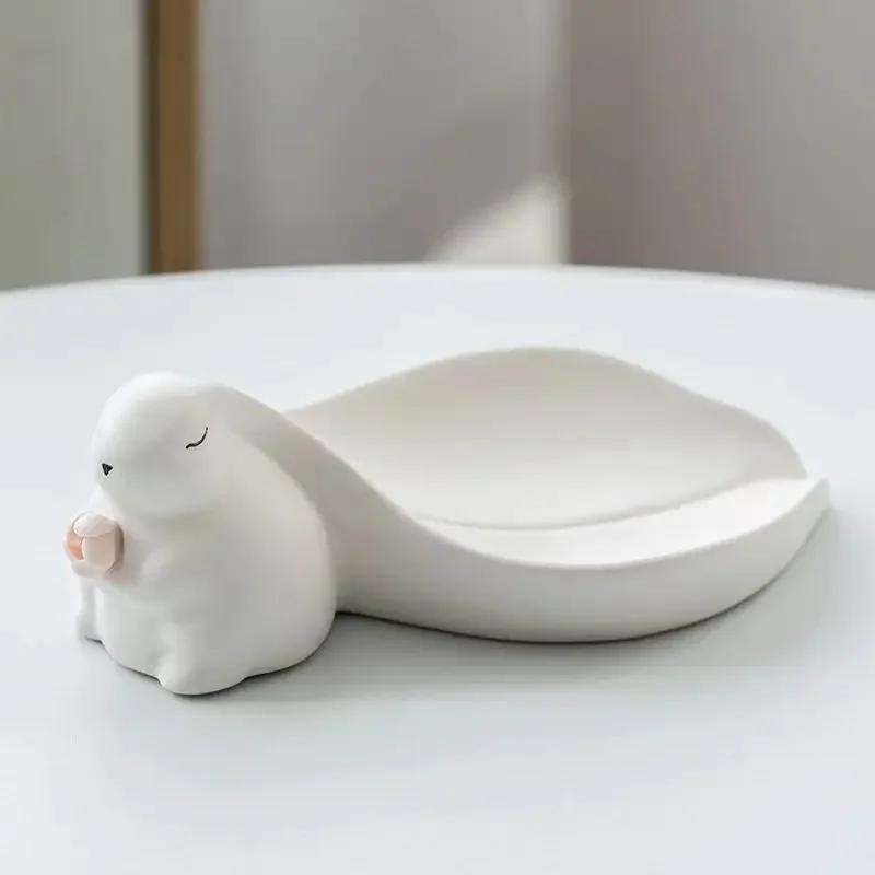 Big Ear Cute Rabbit Ceramic Soap Box Bathroom Drainage Soap Dish Storage Wash Desk Ornaments Decor Home Decoration Accessories