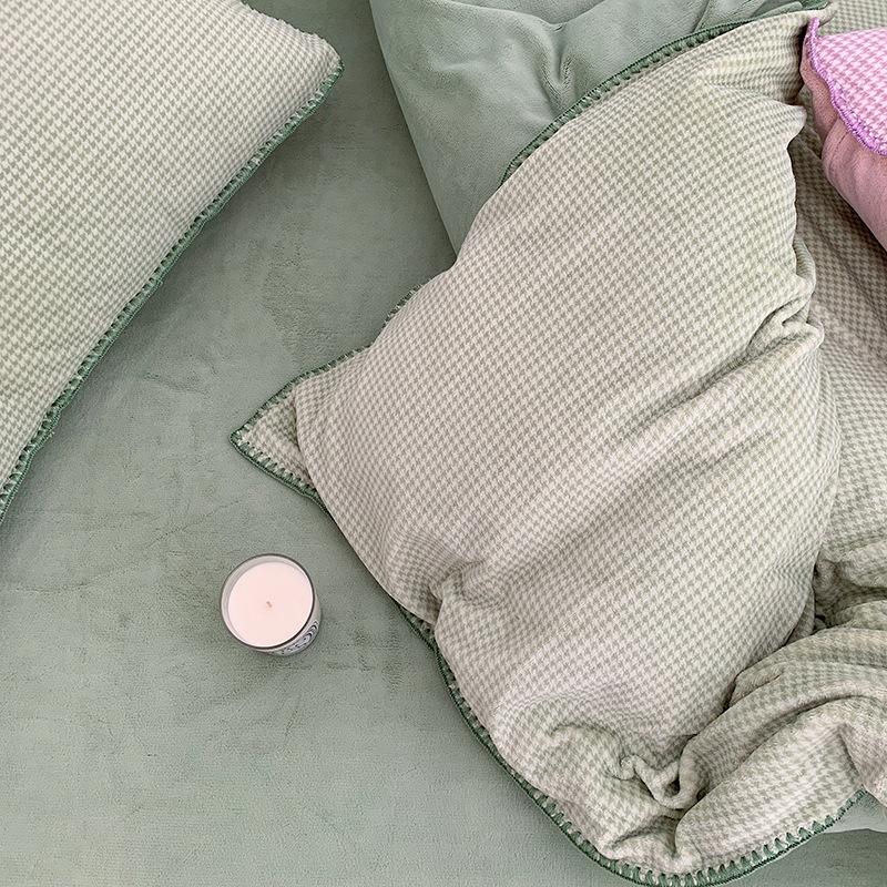 Thickened Milk Fleece Nordic Simple Small Thousand Bird Grid Bed Four-Piece Coral Fleece 1.5M 1.8 Double-Sided