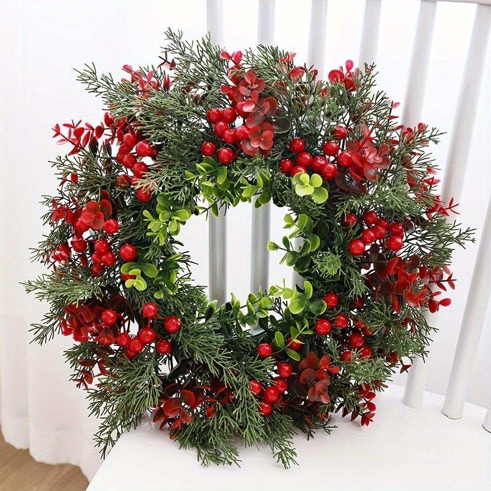 Plastic Artificial Christmas Wreath 35cm Round Christmas Door Decoration Garden Decor with Eucalyptus Leaves,Red Berry