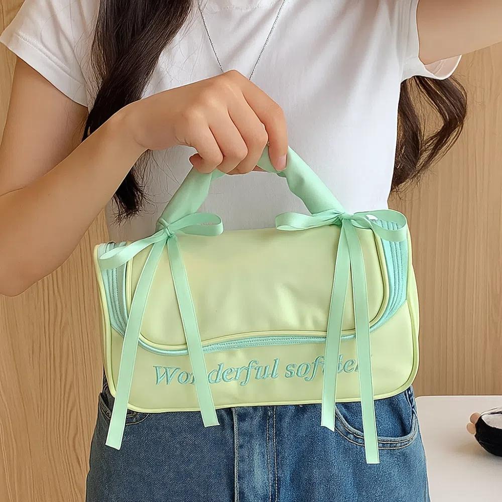 PU Leather Women's Makeup Bag Ballet Style Bowknot Cosmetic Bag Large Capacity Toiletry Ba  Girls