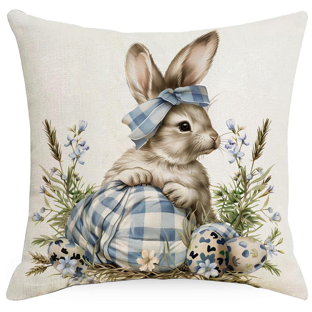 New Blue Plaid Easter Pillowcase Cushion Cover Cute Rabbit Truck Animal Pillowcase