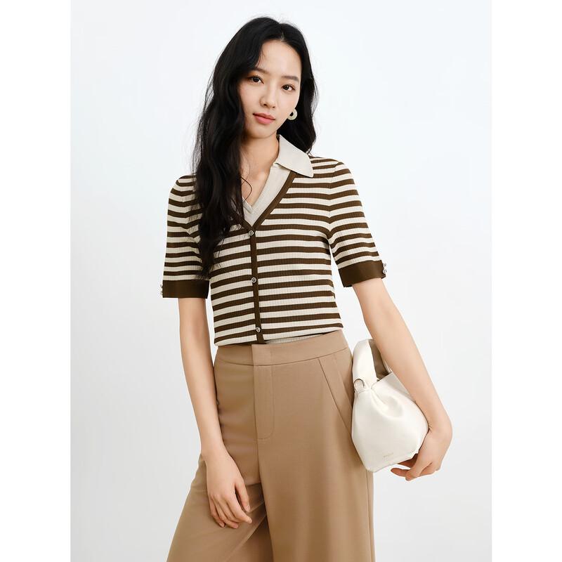 JUZUI Faux Two-Piece V-Neck Striped Knit Short Sleeve Top