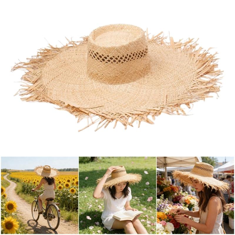 Elegant Raffia Sun Hat With Adjustable Size And Breathable Open Weaving For Beach Vacation Outdoor Activity Travel Gear