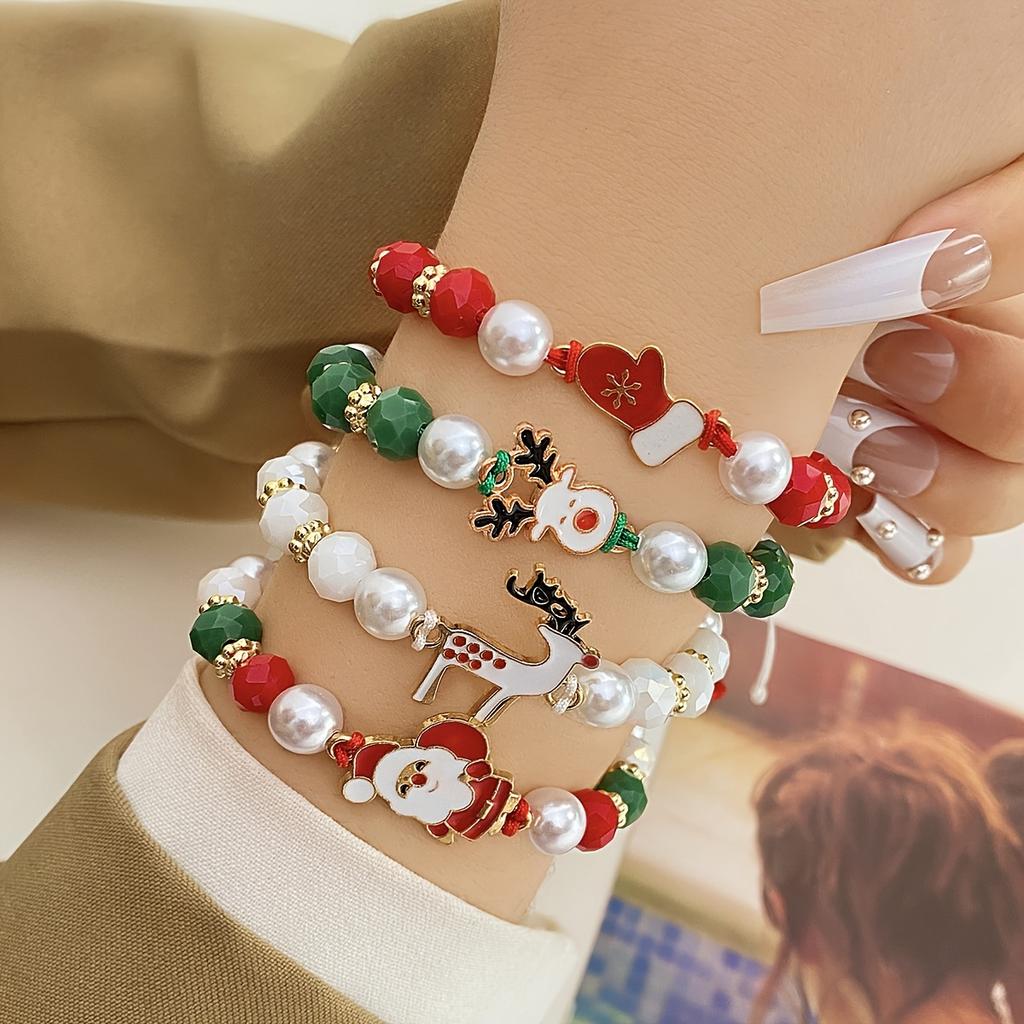 Weihnachts-Charm-Armband-Set, 4-teilig – Weihnachtsmann-, Rentier- und rote Handschuhe-Designs mit weichen Tonperlen und Kordelzugverschluss – als Weihnachtsgeschenk für Freunde und Familie