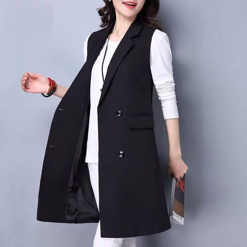 Korean Fashion Women's Sleeveless Blazer Vest - Autumn Casual Loose Long Waistcoat, Solid Color Office Lady Outwear