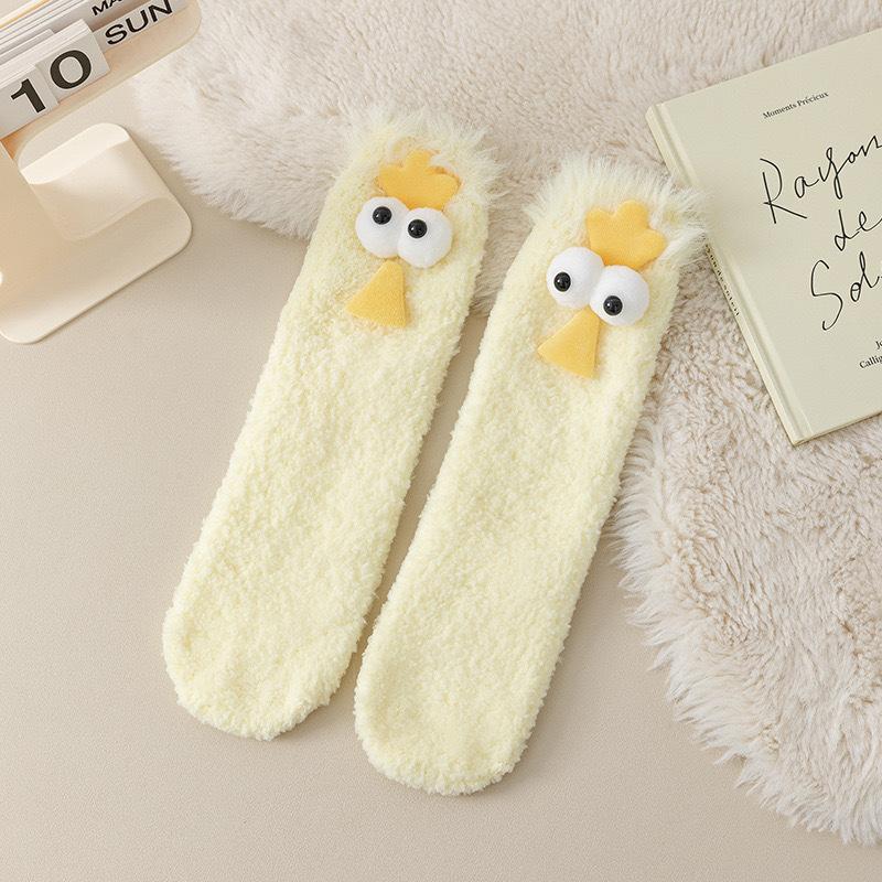 Ugly and Cute Socks, Girls' Fur Hoop Socks, Funny Girls' Socks, Mid-calf Socks, Coral Fleece Winter Warm Floor Socks