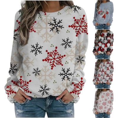 Damen Casual Fashion Weihnachtsdruck Langarm O-Ausschnitt Pullover Top