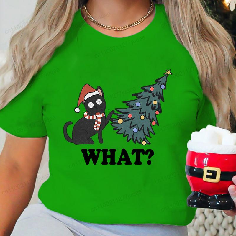T Shirt for Women Christmas Black Cat Print T-shirt Girl Short Sleeve Crew Neck Casual Top for Xmas Party Women's Shirt Clothing