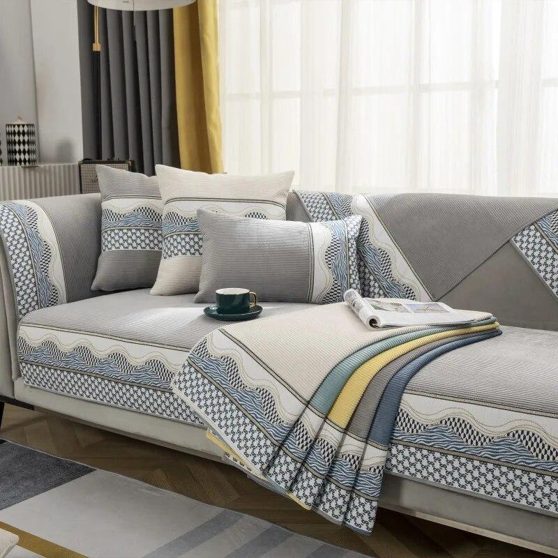 Printing Splicing Solid Color Sofa Covers Thickened Sofa Cushion Autumn Winter Non-Slip Plush Cushion Cover Plush Sofa Cushion