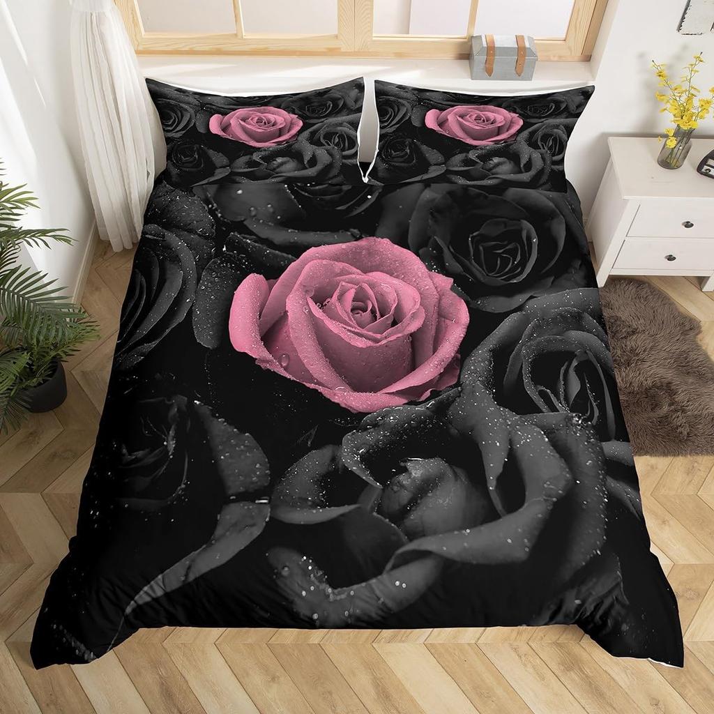 Roslakan Set Romantiskt Rosblommigt Sängkläder Set Mikrofiber Botaniska Blommor Täcktäck för Kvinnor Flickors Sovrumsinredning