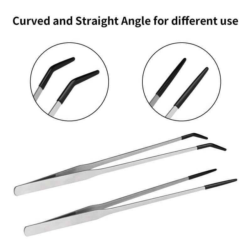 Stainless Steel Reptile Feeding Tongs with Rubber Tips, 10, 15.24cm Straight & Curved Long Tweezers for Aquarium or Crafts