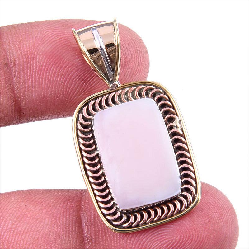 

Natural Pink Opal Gemstone 925 Solid Sterling Silver Two Tone Pendant 1.25 M0f53