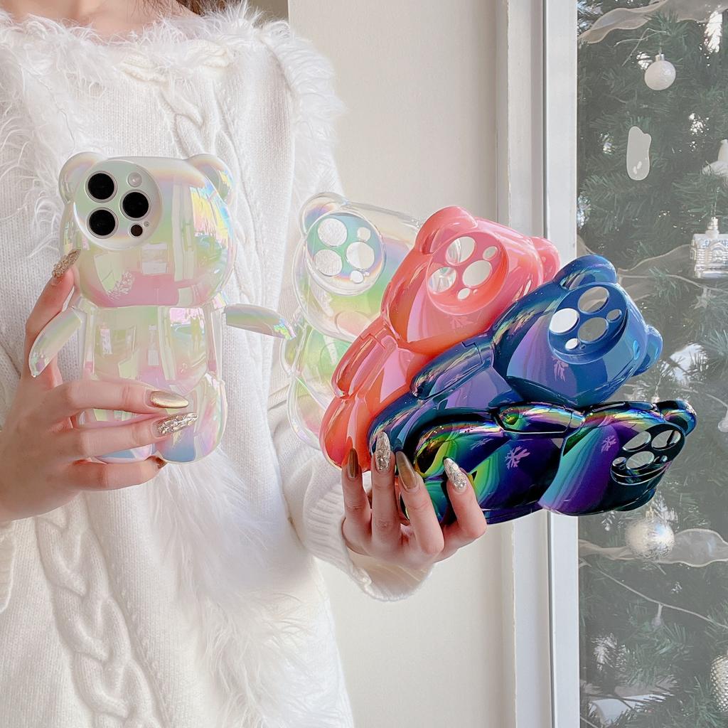 13D Electroplated Bear TPU Phone Case for iPhone 16 15 14 13 12 11 Promax Plus Cute Oil Print Shockproof Bumper Protection Cover