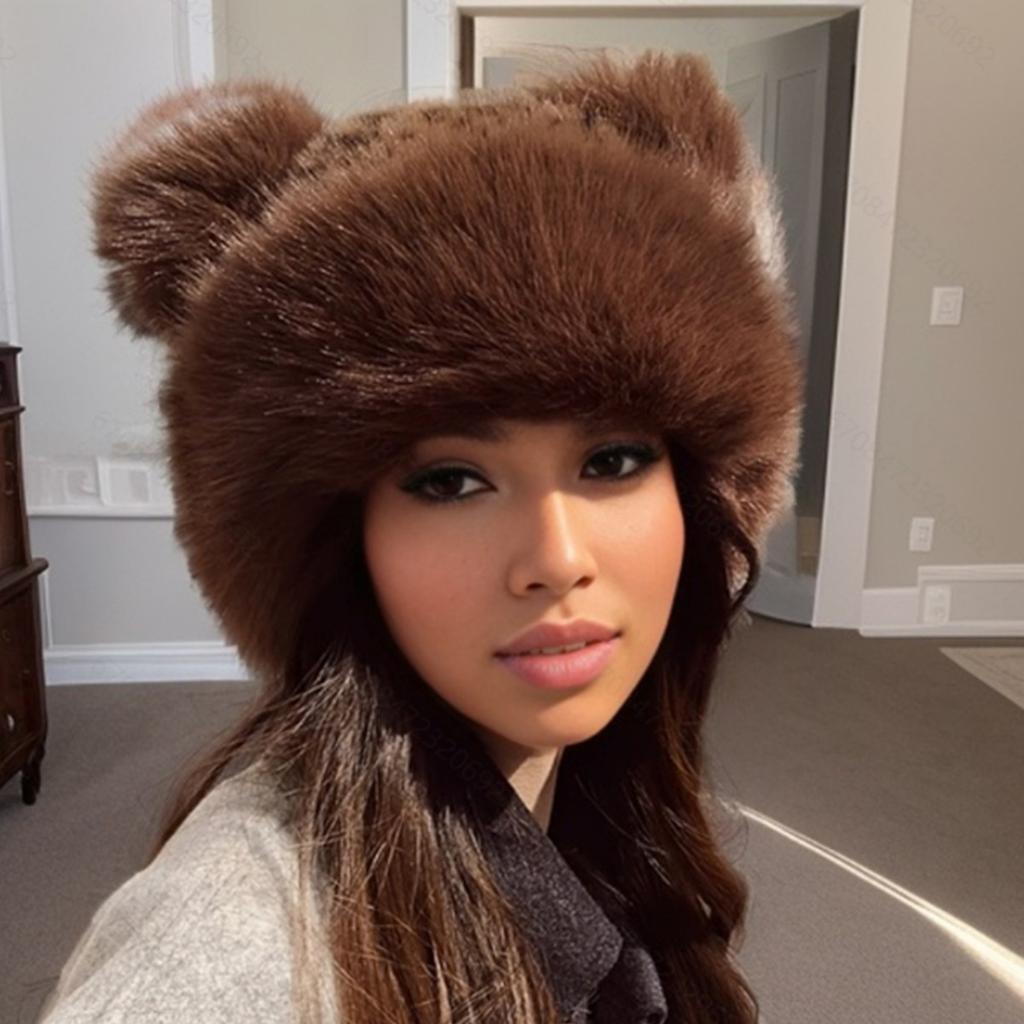 Retro Leopard Print Bear Ears Plush Mongolian Hat Fashionable Versatile Autumn and Winter Imitation Fur Thickened Warm Ear Protector Basin Hat