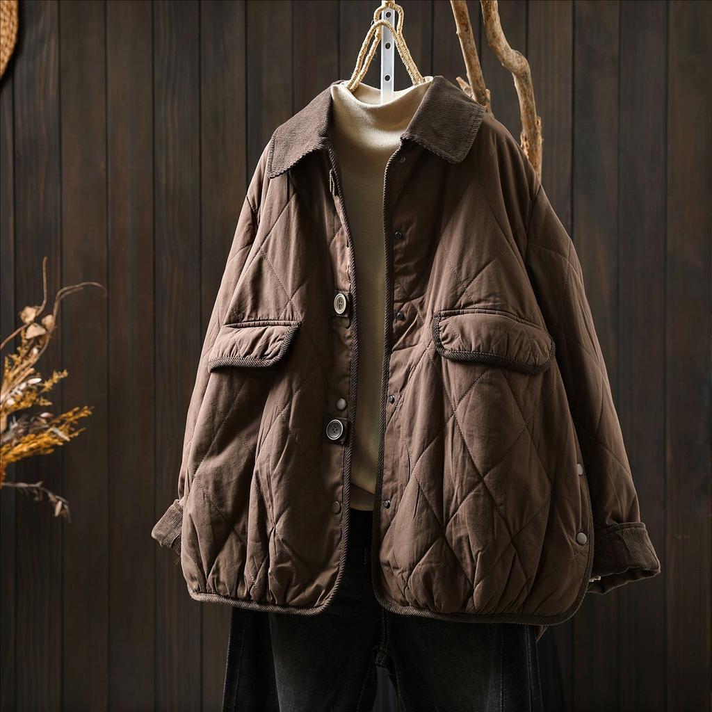 Johnature Women Vintage Turn-down Collar Solid Color Winter Coats Long Sleeve Button Warm Coats