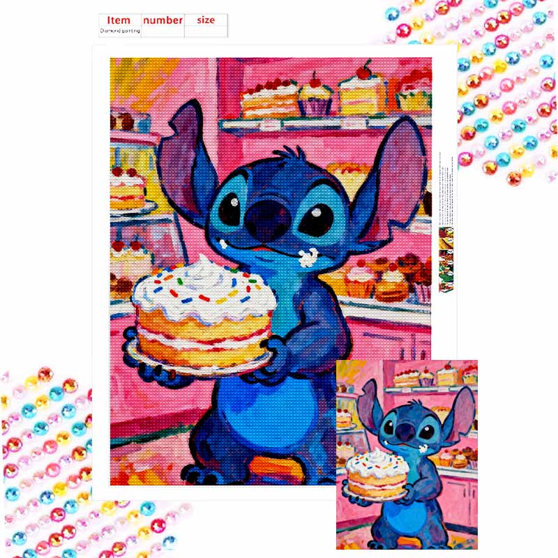 Disney Diamond Painting Kit 5D Stitch Holding Cake DIY Cross Stitch Gift Home Decor Fun Sweet Treat Artwork Hobby Relaxing Creative Craft