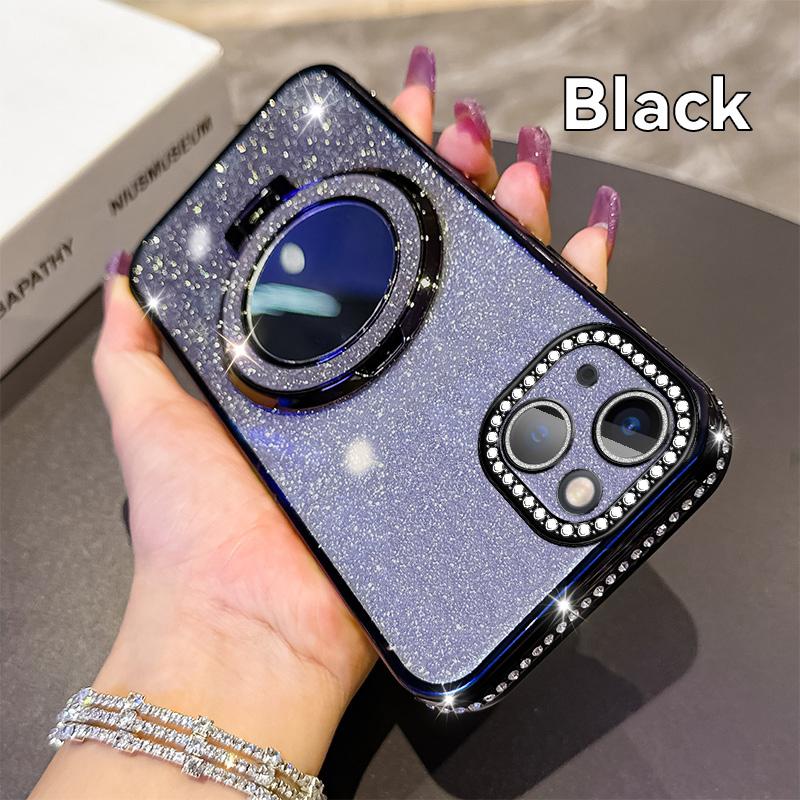 KEYSION Luxury Glitter Jewelled Magnetic Phone Case for iPhone 13 14 Pro Max Makeup Mirror Ring Stand Shockproof Back Cover