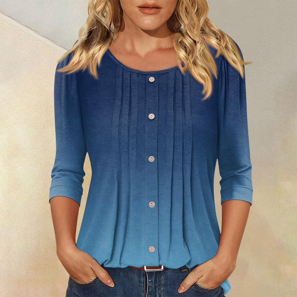 Women's Fashionable Casual Three-quarter Sleeve Button Gradient Round Neck Top