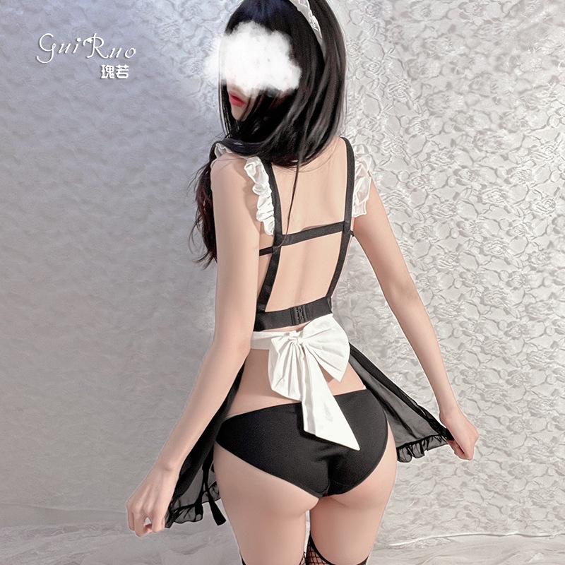 Women's Chiffon Sheer Frilly Backless Maid Costume Lingerie Set