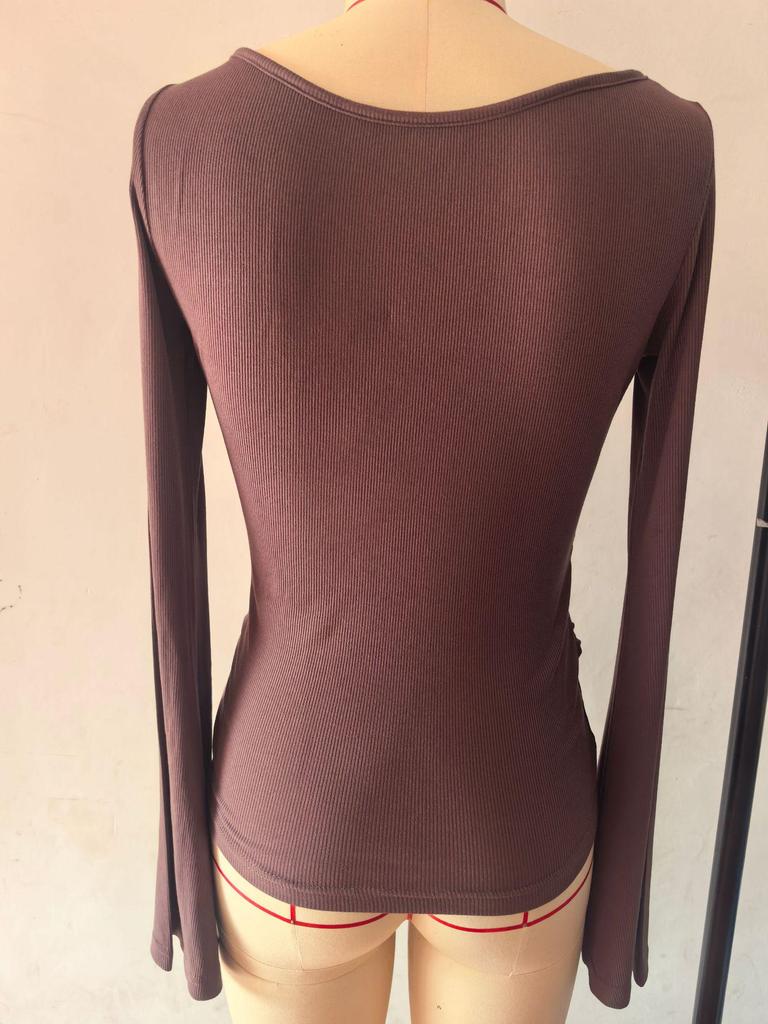 2025 Herbst Slim Fit Damen U-Boot-Ausschnitt Glockenärmel Gerafftes Oberteil - Einfarbig, Langarm