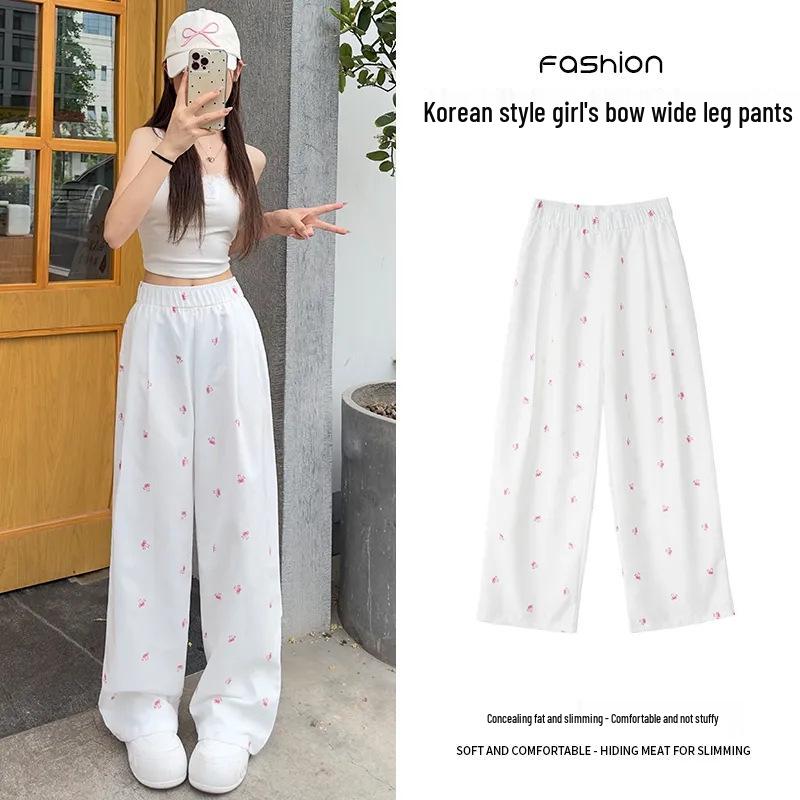 White Floral Yamamoto Women's Slim Straight Wide-Leg Bow Pants - 2025 Summer Collection.