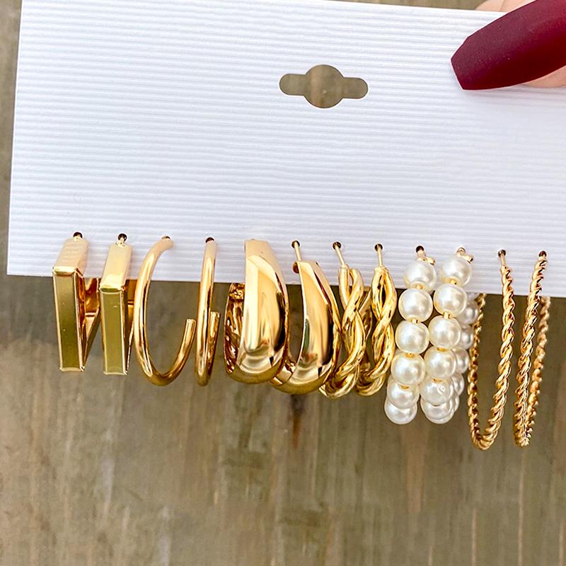 6 Pièces/Ensemble Boucles d'oreilles en métal Tendance Alliage de couleur or Or Géométrique Fausse perle Mode Boucles d'oreilles pour femmes en forme de C