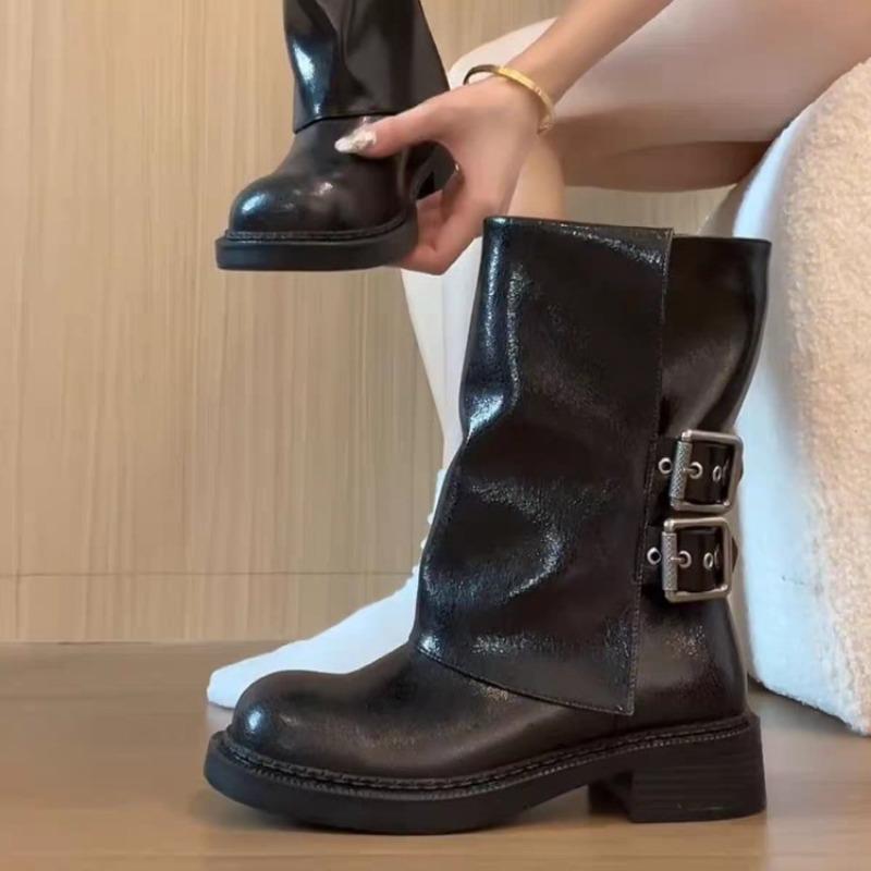 

Модные женские ботильоны осенняя рабочая мода элегантный панк новый черный цвет роскошный низкий каблук круглый носок кожа дропшиппинг центр обуви 35 чёрный