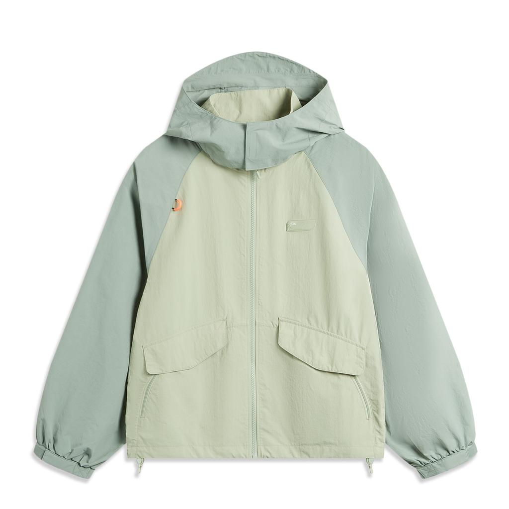 Li-Ning Comfortable Simple Hooded Zipper Casual Loose Color Block Windbreaker Women Outerwear Desert-Green AFDU532-1