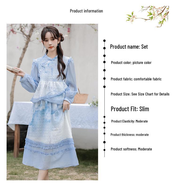 Spring & Autumn New Chinese Moon White/Blue Two-Piece Skirt Set for Women
