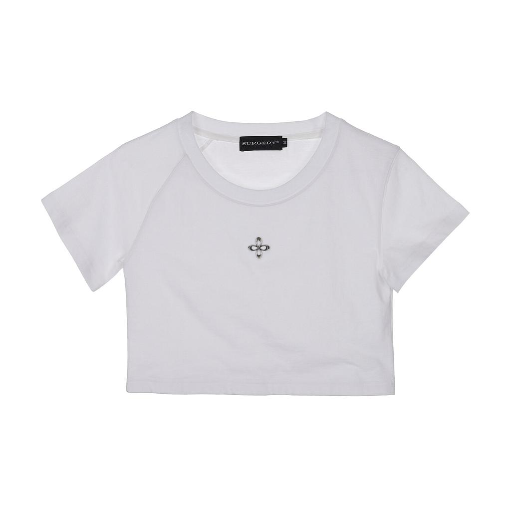 SURGERY Asymmetrical Metal Clover Logo Crop T-Shirt White