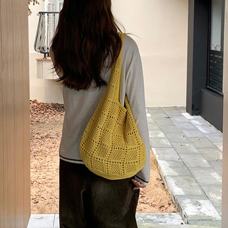 Yogodlns Retro Knitted Net Bag Shoulder Tote Beach Holiday Women's Bag Weaving Art Style Casual Minimalist Polyester Handbags