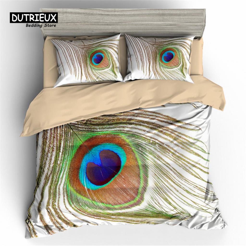 Peacock Feather Bedding Set Peacock Duvet Cover Set Single Double King For Adult Women Microfiber Comforter Cover Bedroom Decor