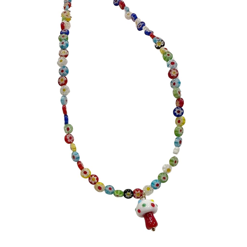 Handcraft Retro Styles Necklace With Vibranting Glass Beads and Unique Mushroom Charm for Fashion Enthusiasts Daily Use