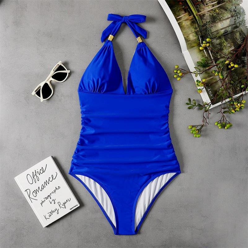 Einteiliger Badeanzug für Damen, einfarbig, Neckholder-Bodysuit, Push-Up-Badeanzug, Monokini, Strandmode, Übergröße