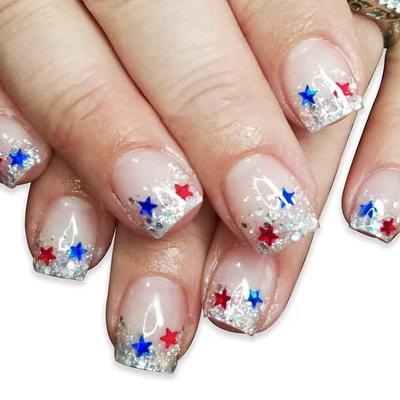 24 Pcs Independence Day False Nail Short Press On Nail French Tip Acrylic Nail 4th of July Full Cover Stick On Nail