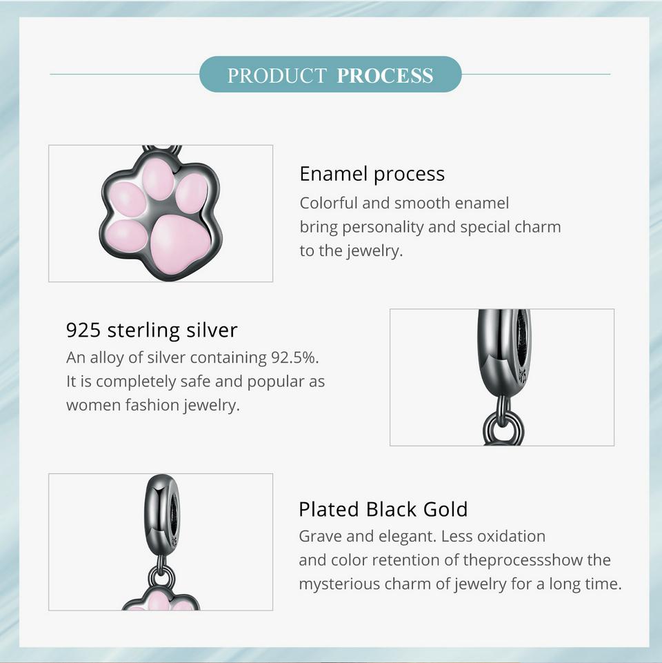 WOSTU 925 Sterling Sølv Svart Gull Mini Cat Paw Charms Anheng Dyreperle For Kvinner Fit DIY Armbånd Halskjede Smykkefremstilling