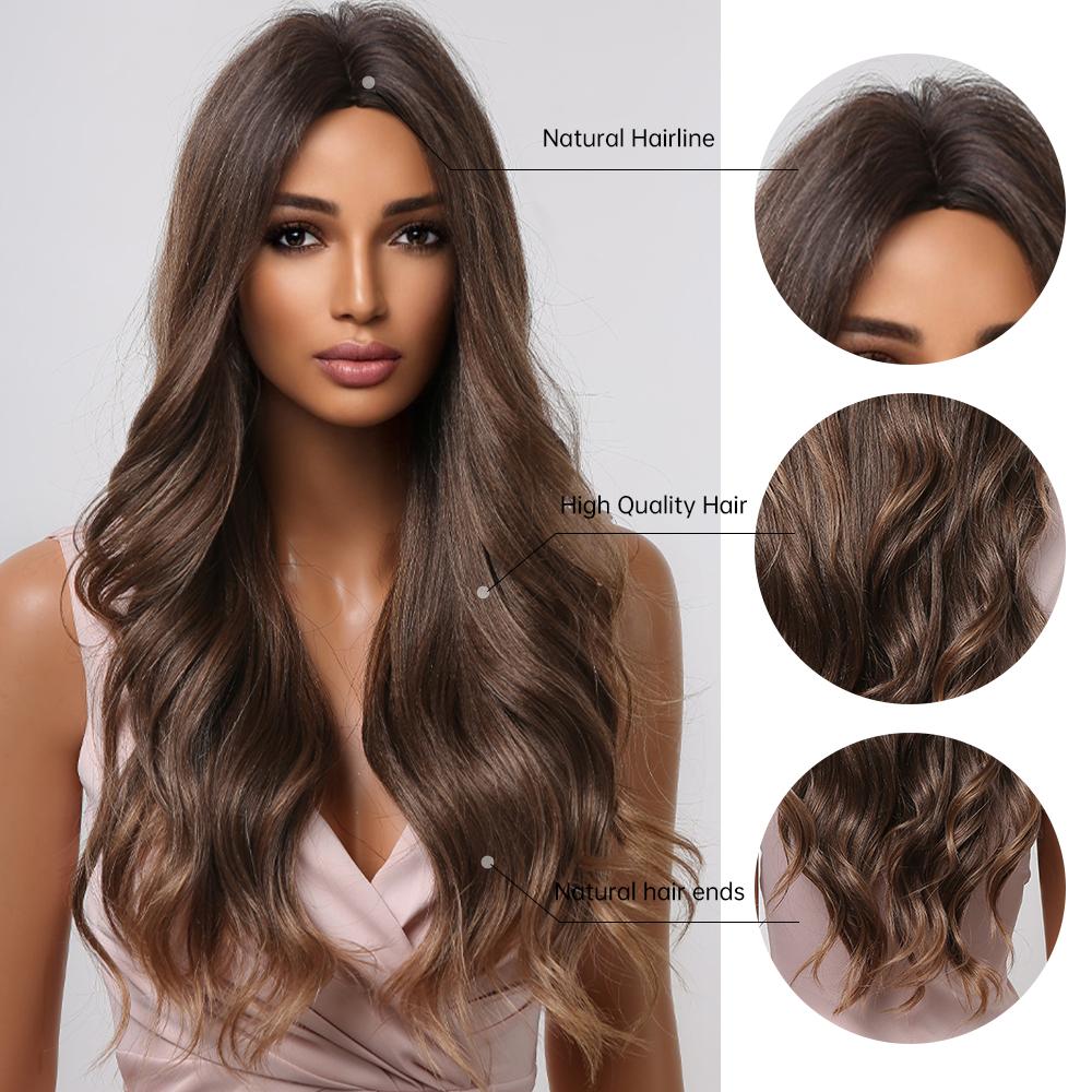 Ombre Brown Long Wavy Synthetic Hair Wig for Black Women Afro Middle Part Heat Resistant Fiber Cosplay Daily Use Hair Wigs