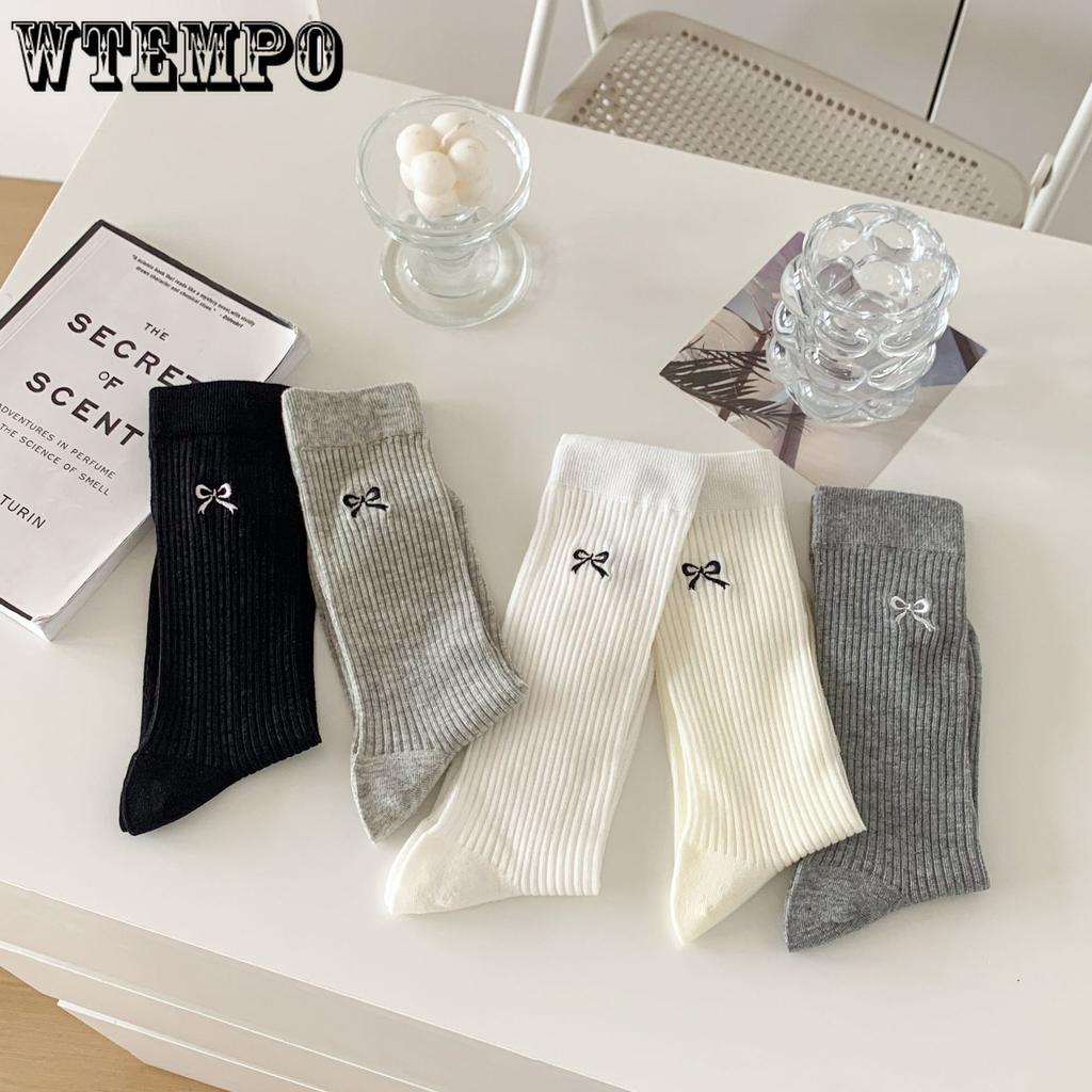 5pcs White Bow Socks Women Ballet Style Mid-calf Socks Summer Thin Stockings Cotton Stacked Socks