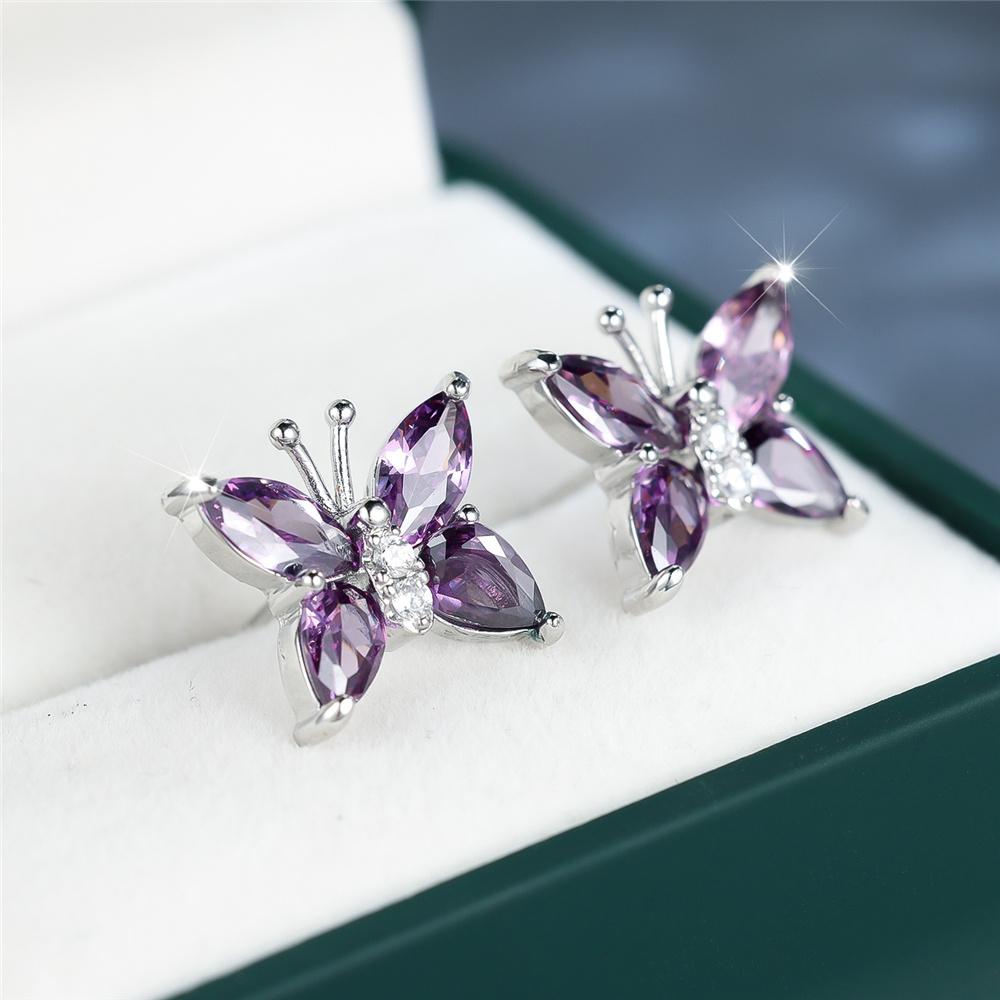 

Simple Female Purple Crystal Stone Silver Color Stud Earrings Cute Bridal Butterfly Weddings Jewelry For Women
