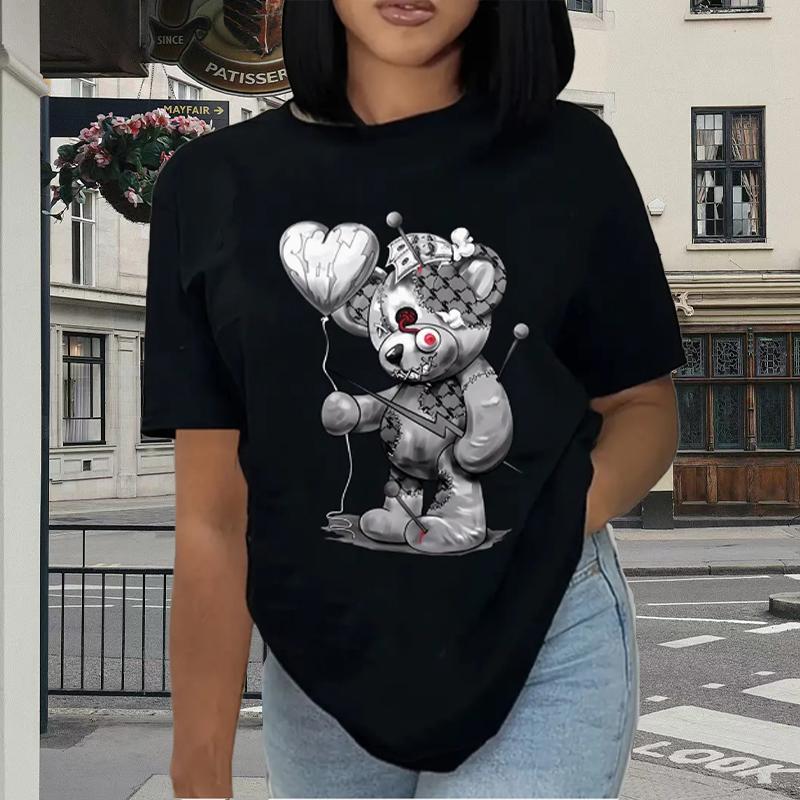 

Модная женская футболка с милым животным, принтом куклы, забавная повседневная футболка с круглым вырезом и короткими рукавами, летняя женская футболка 4XL чёрный