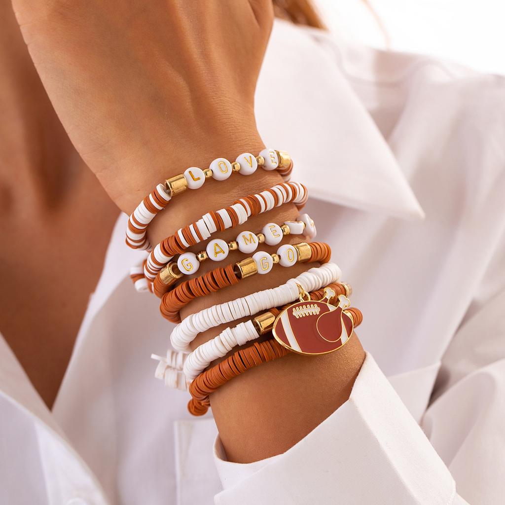 Accessories Super Bowl Alphabet Soft Pottery Beaded Bracelet, Fashion Rugby Pendant Bracelet Set Women