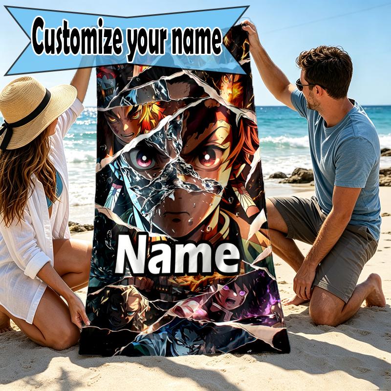 Custom Name Personalized Demon Slayer Print Beach Towel, for Trip Camping Beach Party Home Decor, Birthday Gift for Family & Friends
