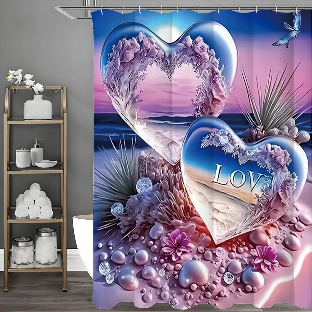 Pink Fantasy Beach Heart Gemstone Shower Curtain, Bathroom Decorative Shower Curtain, Waterproof Shower Curtain with Hooks