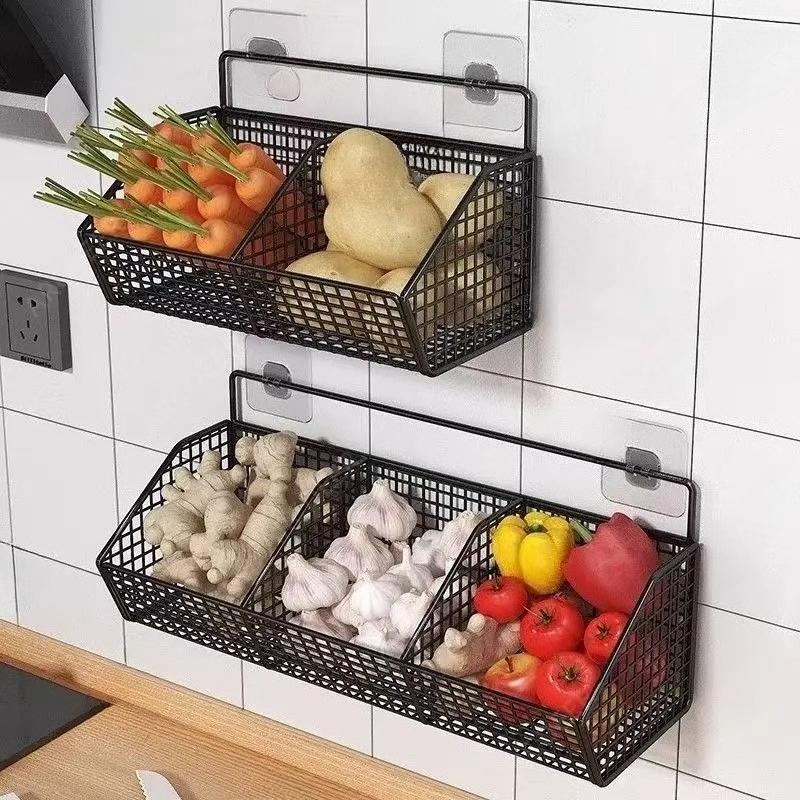 Kitchen Storage Shelf Wall Mounted Bathroom Organizer Basket No Drill Adhesive Mount Rack for Vegetable Fruit Drain Baskets