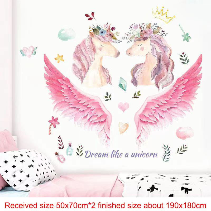 Pink Wall Sticker for Bedroom Girls, Unicorn Feather Princess Flowers Decal, Nursery Removable Wallpaper
