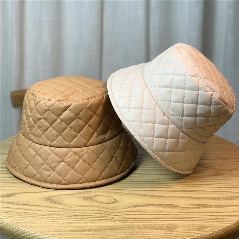 Korean Style Hat for Women  Versatile Matte Pu Leather Plaid Fisherman Hat Face Showing Warm Autumn and Winter Japanese Style Basin Hat