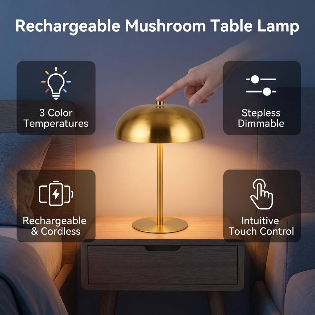 Table Lamp 3W 3 Color Temperatures Stepless Dimmable Touch Control Rechargeable Metal Mushroom Lamp for Bedside